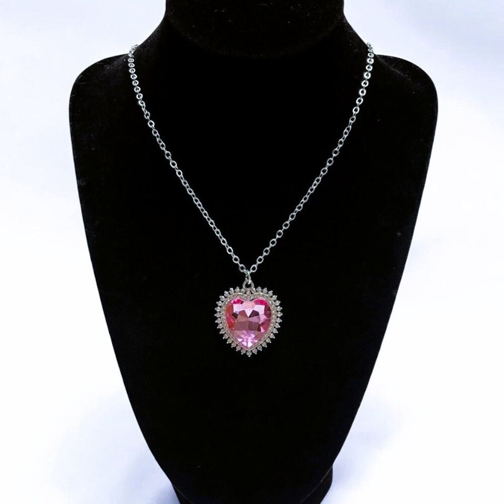 Vintage Pink & Clear Glass Crystal Pendant Silver Necklace w/Extender